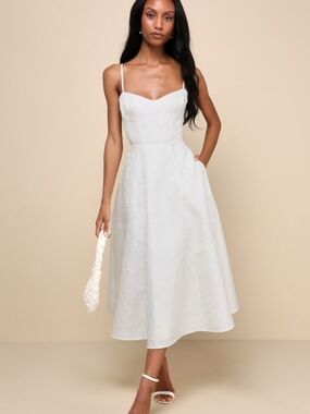 Lulus Meet For Tea White Jacquard Bustier Midi Dress With Pockets - Size S